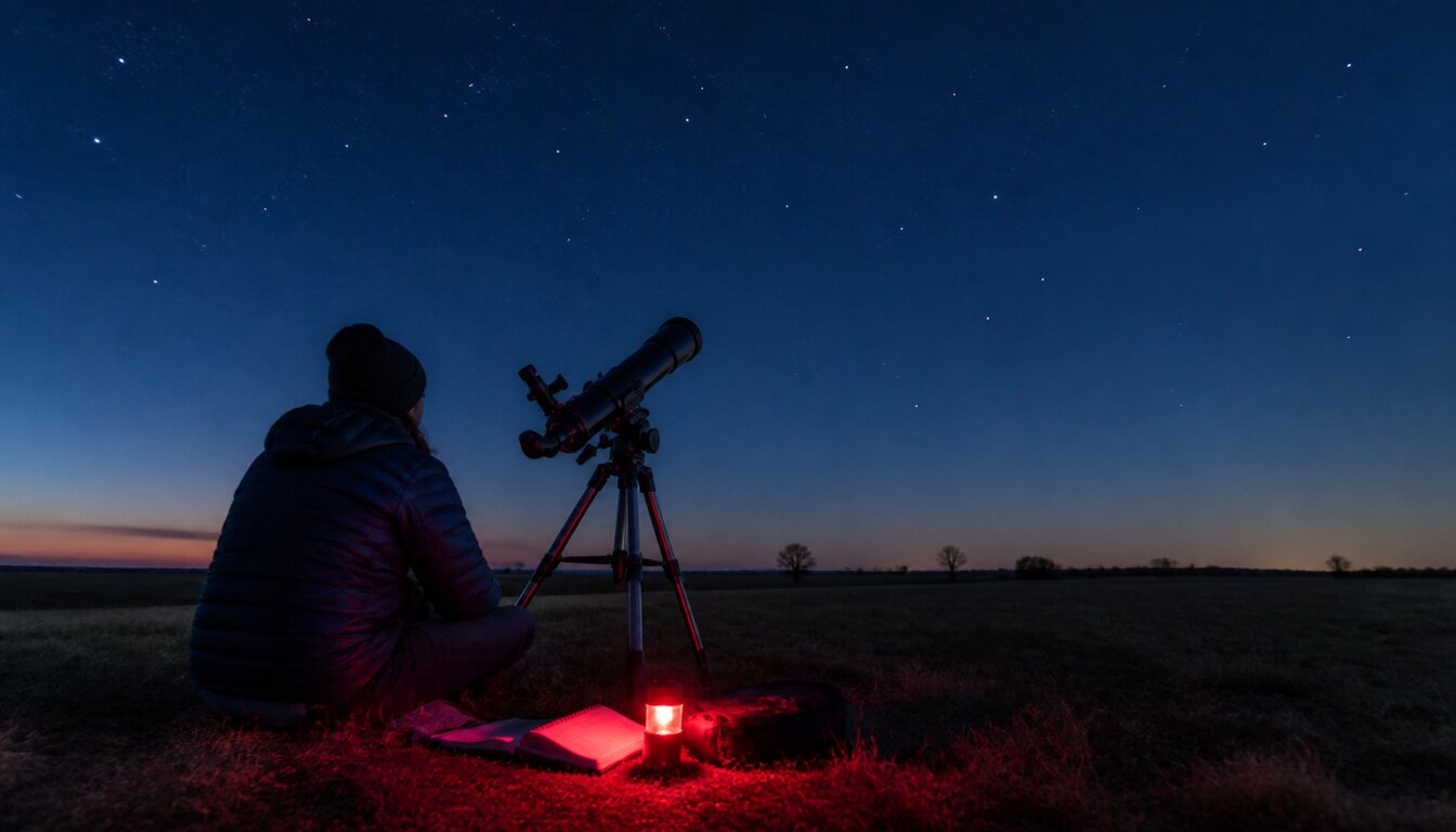 Observer beside a telescope at twilight with a red field lamp and open sky